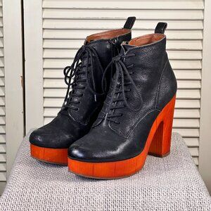 Lucky Brand TAFARI Black Leather Wood Platform Lace Up Ankle Boots Size 7.5